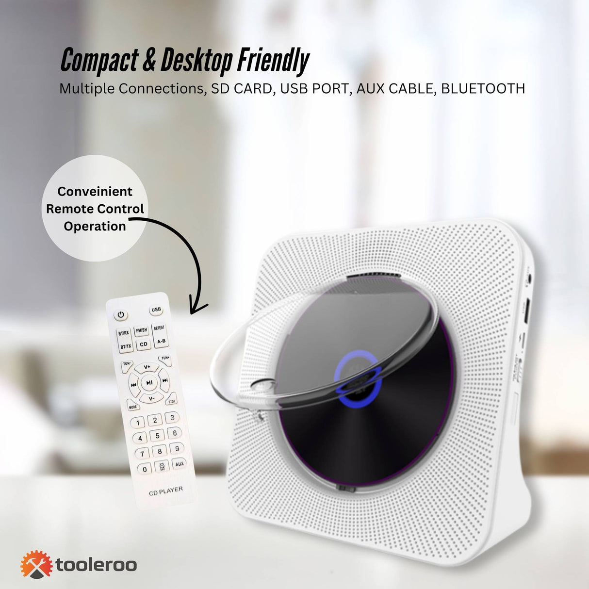 Tooleroo USB Rechargeable Desktop CD Player Speaker ??Bluetooth Portable White