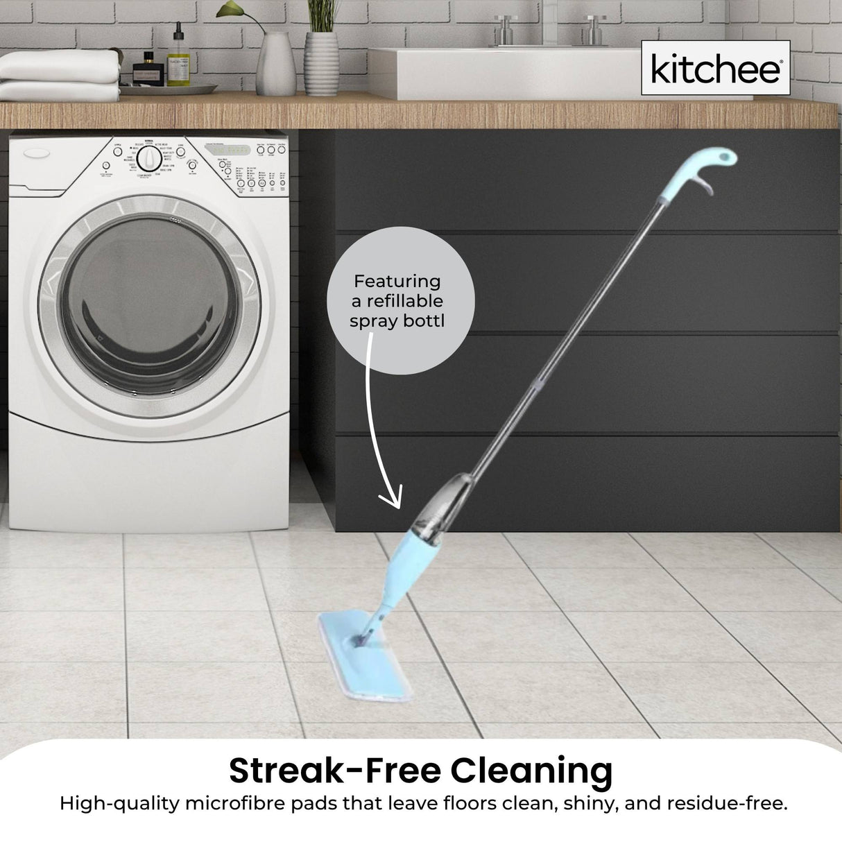 Kitchee Refillable Spray Floor Mop with Reusable & Washable Multi-Surface Microfibre Pad