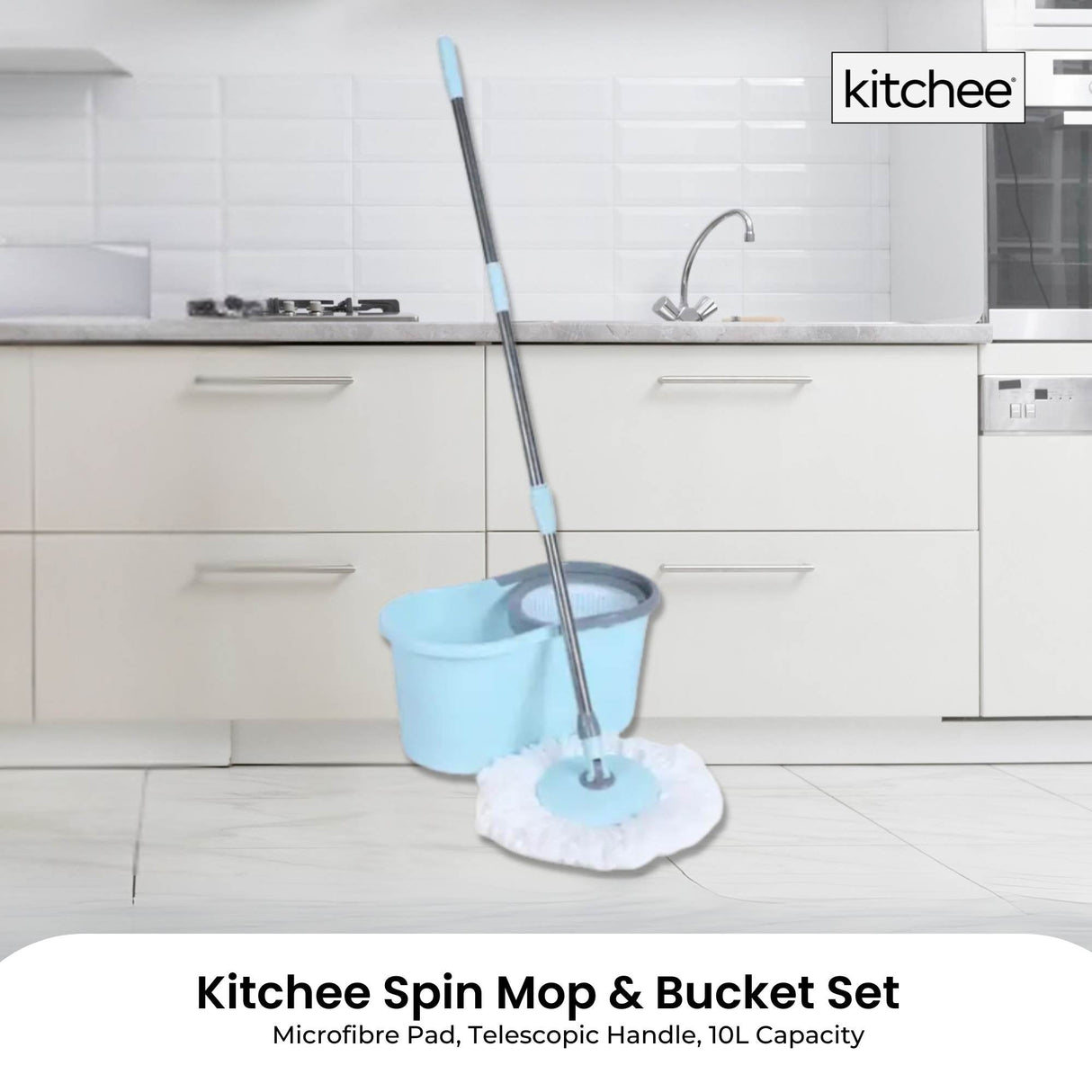 Kitchee Spin Mop & Bucket Set ??Microfibre Pad, Telescopic Handle, 10L Capacity