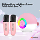 Mini Karaoke Machine and 2x Wireless Microphones Portable Bluetooth Speaker Pink - Front View