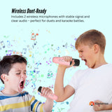 Mini Karaoke Machine and 2x Wireless Microphones Portable Bluetooth Speaker Pink - Low Angle