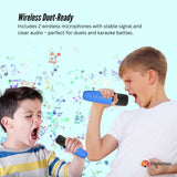 Mini Karaoke Machine and 2x Wireless Microphones Portable Bluetooth Speaker Blue - Low Angle