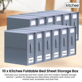 10x Kitchee Foldable Bed Sheet Storage Box - Linen and Closet Organiser Grey - Front View