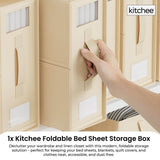 1x Kitchee Foldable Bed Sheet Storage Box - Linen and Closet Organiser Beige - Front View
