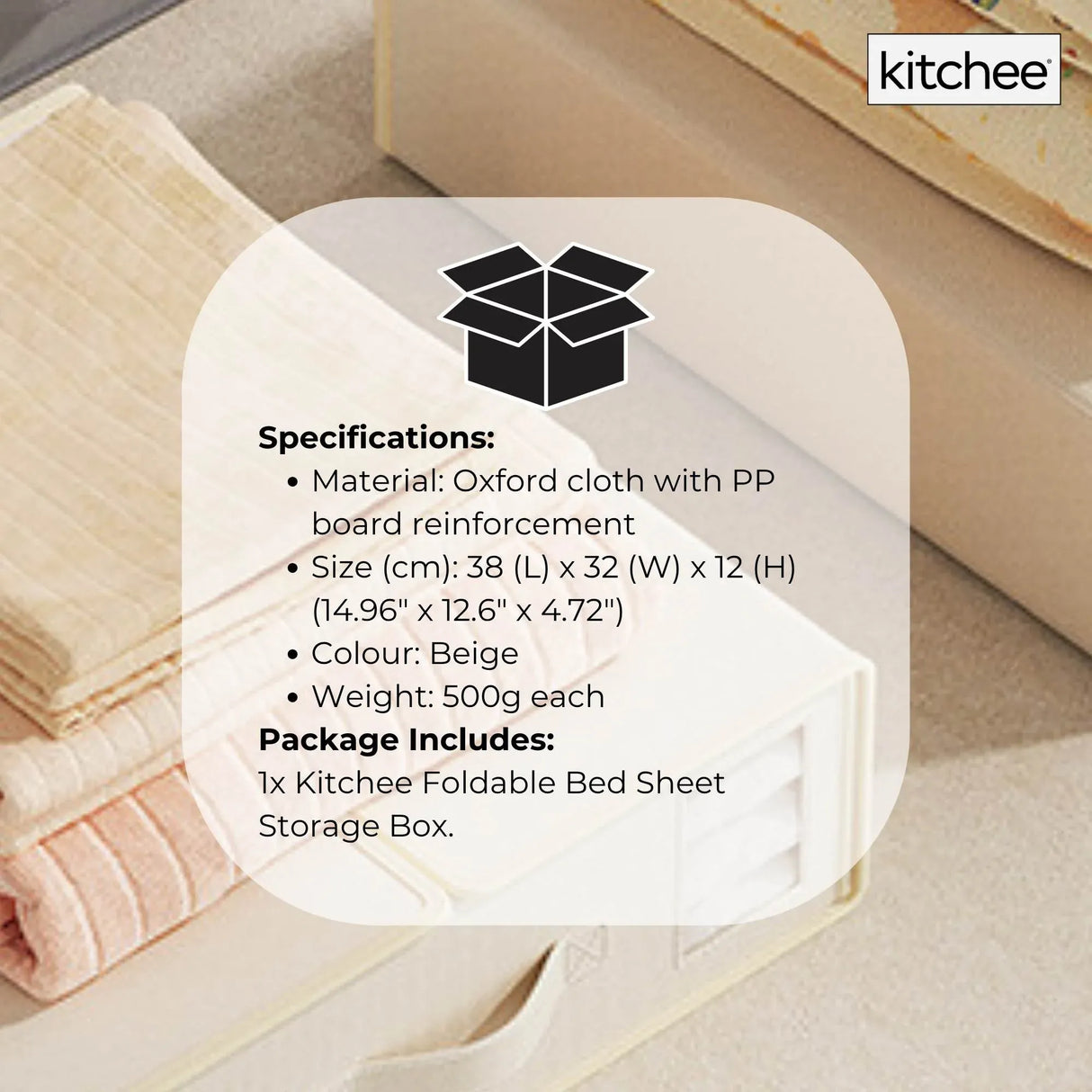 1x Kitchee Foldable Bed Sheet Storage Box - Linen and Closet Organiser Beige