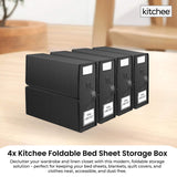 4x Kitchee Foldable Bed Sheet Storage Box - Linen and Closet Organiser Black - Front View