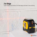 Tooleroo 60m Digital Laser Tape Measure + 5m Steel Tape – 3-in-1 Cross Marking - Top-Down View