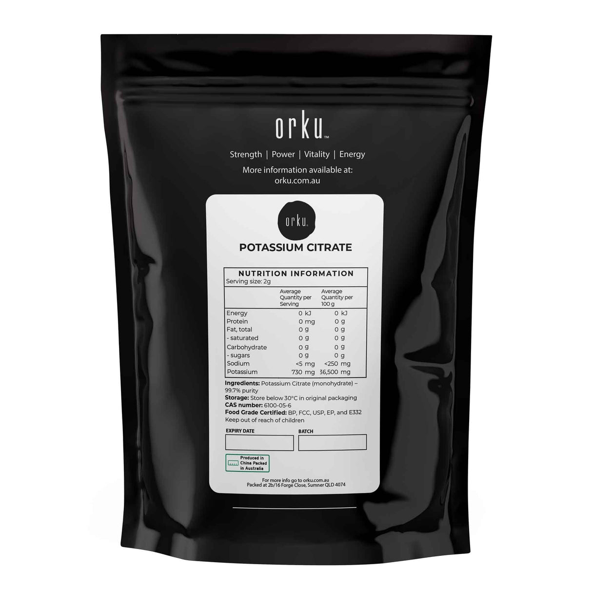 Orku 100g Potassium Citrate Food Grade - Granular BP USP FCC E332 Additive