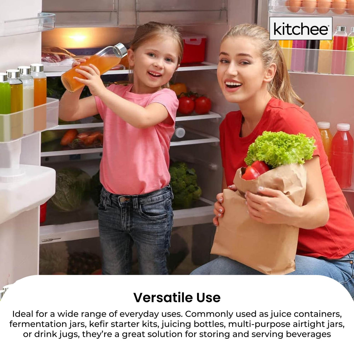 Kitchee 500ml Glass Water Bottle with Stainless Steel Lid - Set of 6 Drink Bottles