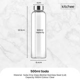 Kitchee 500ml Glass Water Bottle with Stainless Steel Lid - Set of 6 Drink Bottles