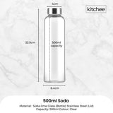 Kitchee 500ml Glass Water Bottle with Stainless Steel Lid - Set of 6 Drink Bottles - Rear View