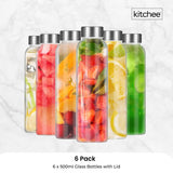 Kitchee 500ml Glass Water Bottle with Stainless Steel Lid - Set of 6 Drink Bottles - Low Angle