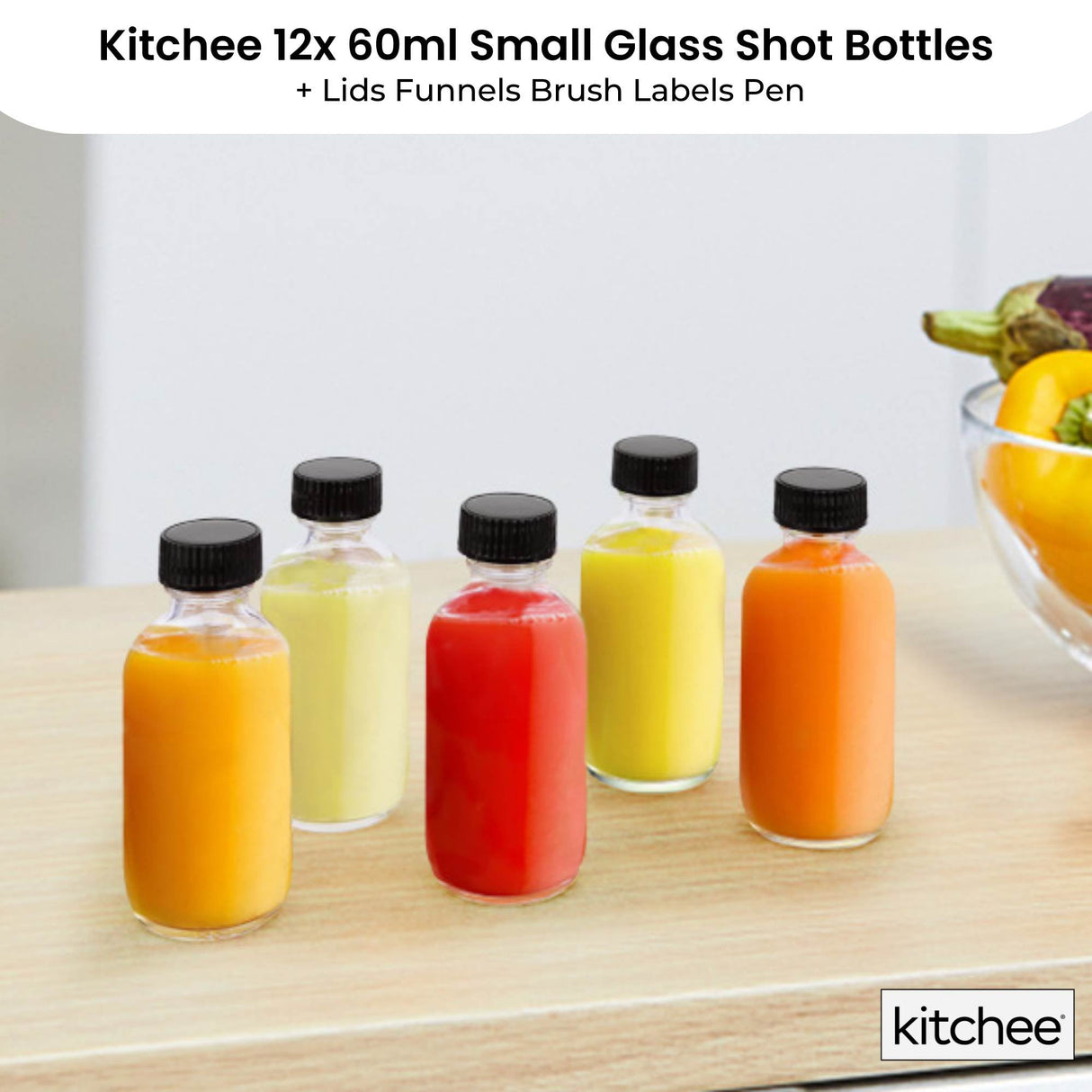 Kitchee 12x 60ml Small Glass Bottles + Lids Funnels Brush Labels Pen