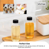 Kitchee 12x 60ml Small Glass Bottles + Lids Funnels Brush Labels Pen - Close-Up Angle