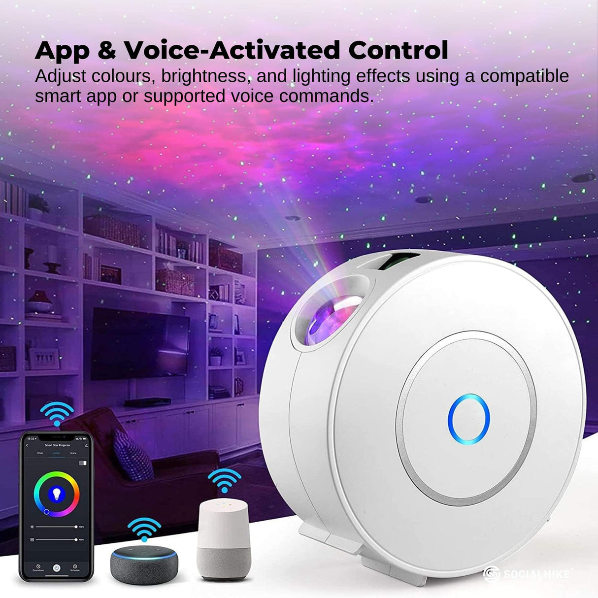 Social Hike Smart Galaxy Star Projector  WiFi LED Light App Voice Control White