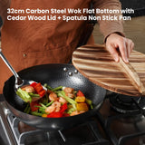 Kitchee 32cm Carbon Steel Wok Set Flat Bottom with Wood Lid + Spatula - Induction Ready - Front View