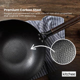 Kitchee 32cm Carbon Steel Wok Set Flat Bottom with Wood Lid + Spatula - Induction Ready - Top-Down View