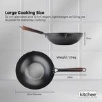 Kitchee 32cm Carbon Steel Wok Set Flat Bottom with Wood Lid + Spatula - Induction Ready