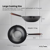Kitchee 32cm Carbon Steel Wok Set Flat Bottom with Wood Lid + Spatula - Induction Ready - 45-Degree Angle