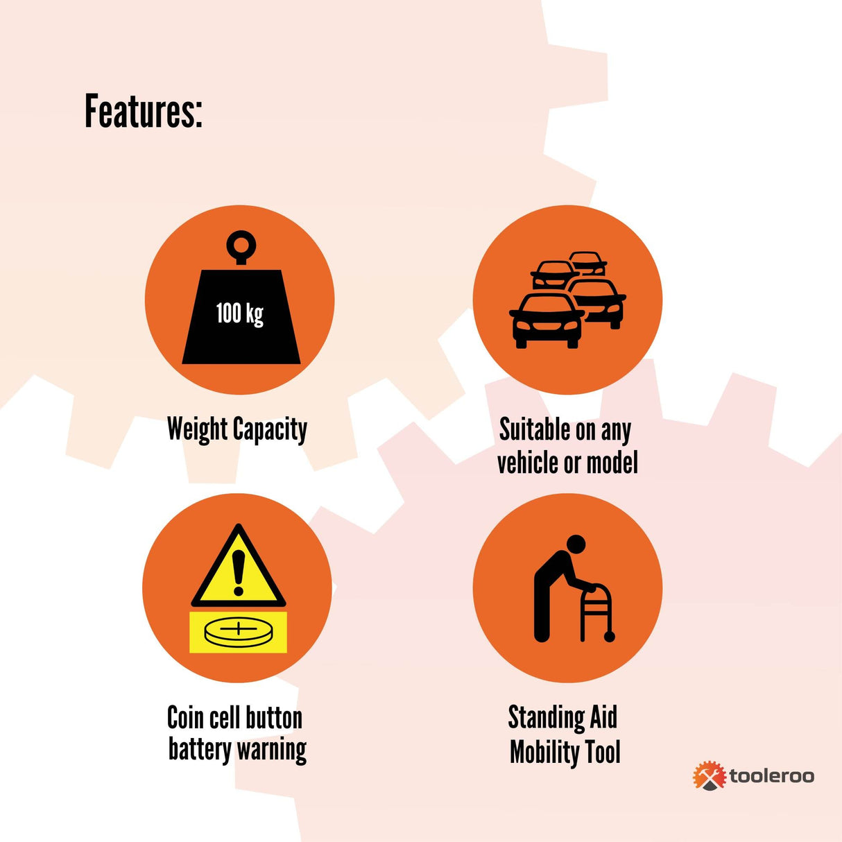 Tooleroo 1x Car Cane Door Handle - Portable Elderly Stand Aid LED light Hammer