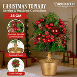 Christabelle 36cm Christmas Tabletop Topiary Tree Pre-Decorated Berries, Baubles & Pine Cones Gold Pot Twisted Stem Festive Decoration - Front View