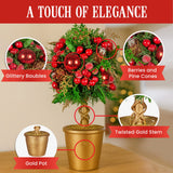 Christabelle 36cm Christmas Tabletop Topiary Tree Pre-Decorated Berries, Baubles & Pine Cones Gold Pot Twisted Stem Festive Decoration - Close-Up Angle