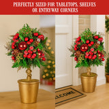 Christabelle 36cm Christmas Tabletop Topiary Tree Pre-Decorated Berries, Baubles & Pine Cones Gold Pot Twisted Stem Festive Decoration - Low Angle