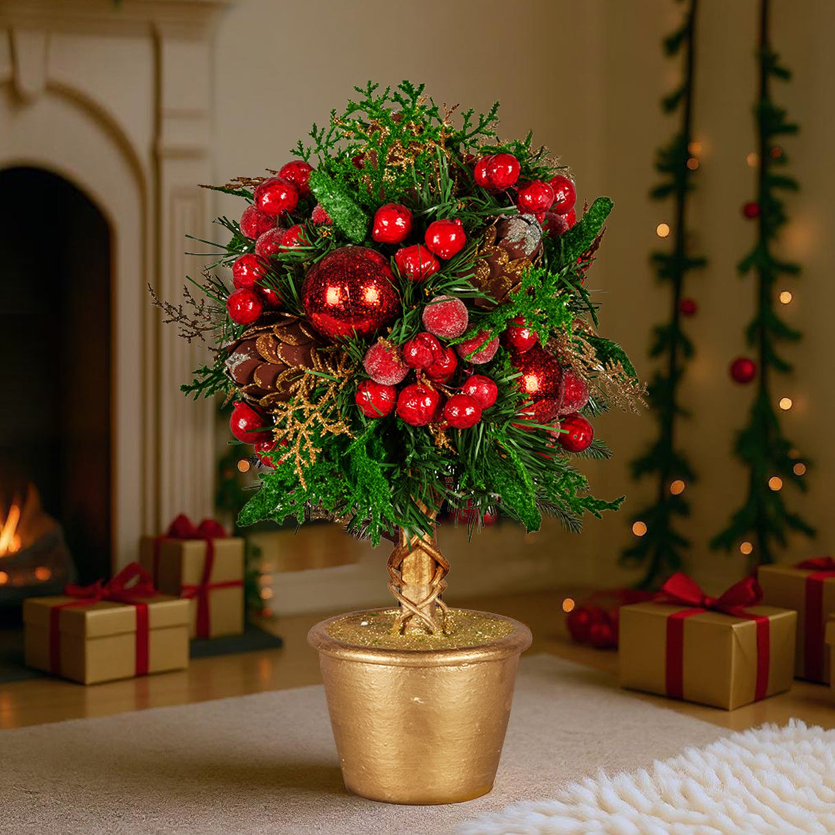Christabelle 36cm Christmas Tabletop Topiary Tree Pre-Decorated Berries, Baubles & Pine Cones Gold Pot Twisted Stem Festive Decoration