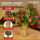 Christabelle 33cm Christmas Bouquet Pre-Decorated Holiday Floral Arrangement with Berries, Baubles & Pine Cones Festive Tabletop Centrepiece Decoration - Front View