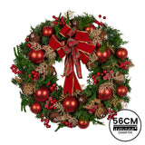 Christabelle 56cm Christmas Wreath Lush Green Holiday Door Wreath with Red Berries, Baubles & Pine Cones Pre-Decorated Festive Wall or Front Door Decoration - Top-Down View