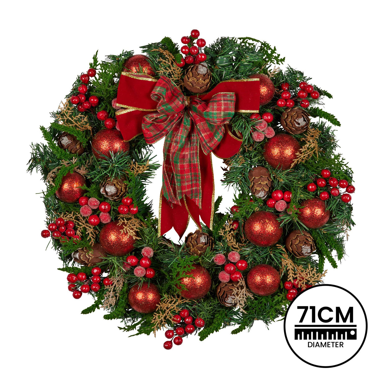 Christabelle Stunning 71cm Christmas Wreath Lush Red Baubles Berries Pine Cones and Bow Front Door Decoration