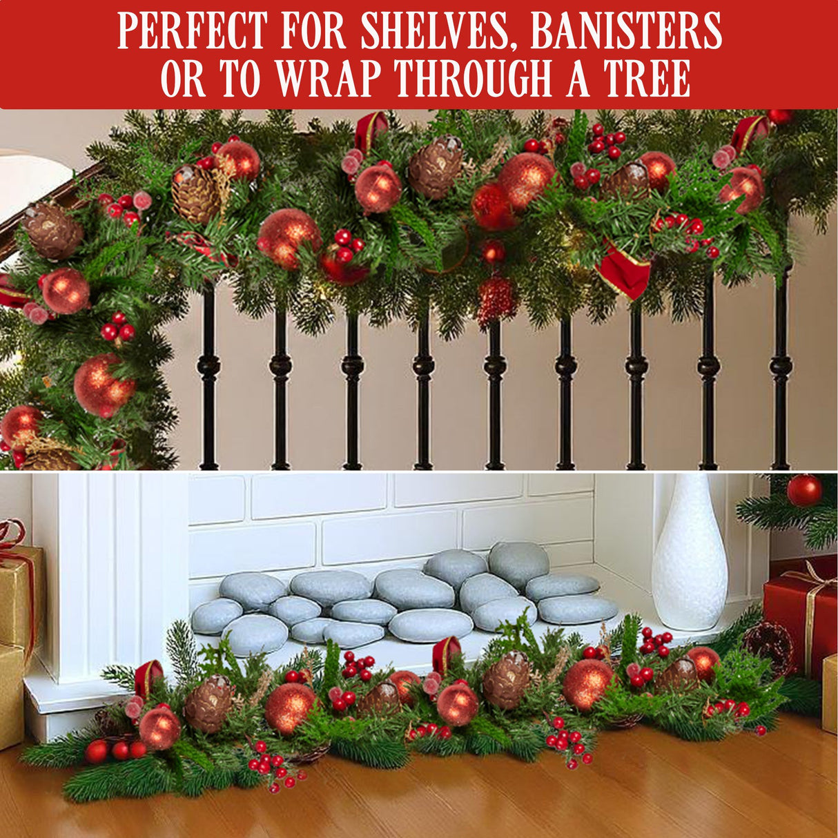 Christabelle 1.85m Christmas Garland with Red Berries Pine Cones Baubles Bows Tree Decoration Ornament