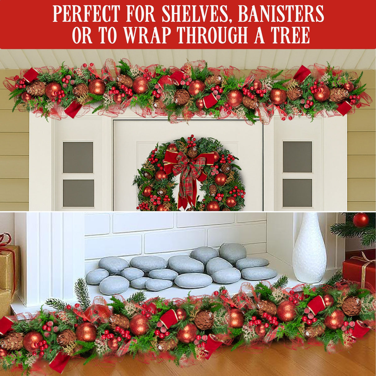 Christabelle 1m Christmas Garland with Red Berries & Pine Cones Baubles Berries Tree Decoration Ornament Red Green