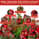 Christabelle 26cm Christmas Centrepiece Lush Green Holiday Display w/Red Berries & Hurricane Candle Holder Pre-decorated for Dining Table Console - Rear View