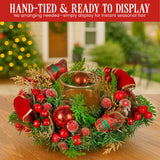 Christabelle 26cm Christmas Centrepiece Lush Green Holiday Display w/Red Berries & Hurricane Candle Holder Pre-decorated for Dining Table Console - Low Angle