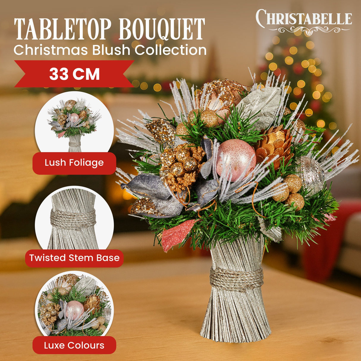 Christabelle 33cm Christmas Bouquet Pre Decorated Holiday Floral Arrangement w/Jewelled Baubles, Berries, Flowers & Pine