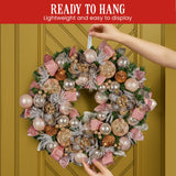 Christabelle 71cm Christmas Wreath Lush Pink Front Door Decoration Jewelled Baubles Flowers Pine Cones Ribbons Ornaments - Low Angle