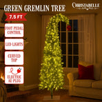 Christabelle 7.5ft Christmas Gremlin Tree Curved Top Red Bauble Built-in Green White LED Lights Control Base & Cord