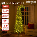 Christabelle 7.5ft Christmas Gremlin Tree Curved Top Red Bauble Built-in Green White LED Lights Control Base & Cord - Front View