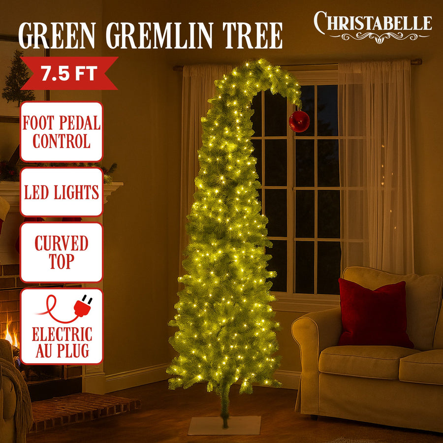 Christabelle 7.5ft Christmas Gremlin Tree Curved Top Red Bauble Built-in Green White LED Lights Control Base & Cord