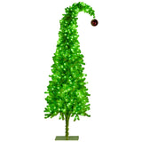 Christabelle 7.5ft Christmas Gremlin Tree Curved Top Red Bauble Built-in Green White LED Lights Control Base & Cord - Low Angle