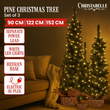 Christabelle Set of 3 Pre-Lit Christmas Trees Green Pine w/LED Lights, Hessian Base & Individual Plugs Varying Heights - Front View