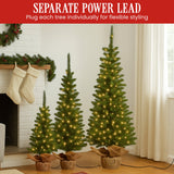 Christabelle Set of 3 Pre-Lit Christmas Trees Green Pine w/LED Lights, Hessian Base & Individual Plugs Varying Heights - Close-Up Angle