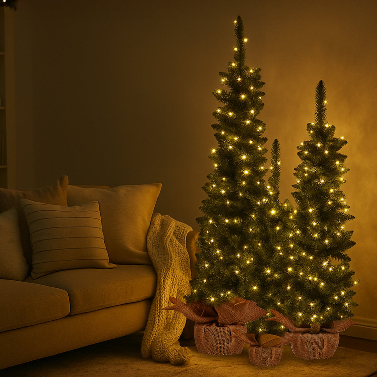 Christabelle Set of 3 Pre-Lit Christmas Trees Green Pine w/LED Lights, Hessian Base & Individual Plugs Varying Heights