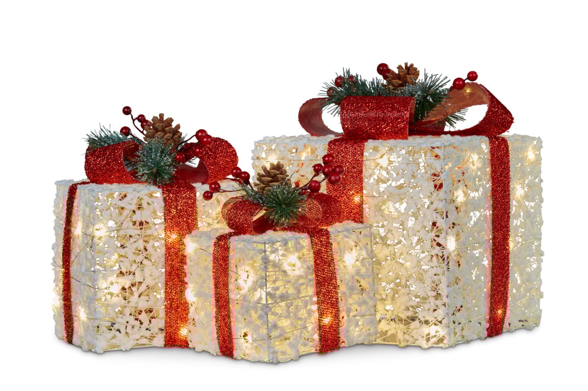 Illuminated Christmas Gift Box Trio with Festive Red Accents