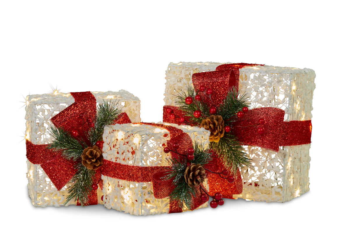 Illuminated Christmas Gift Box Trio with Festive Red Accents