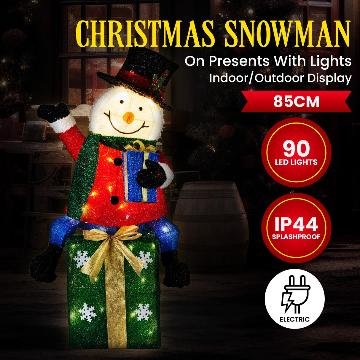 Christabelle 85cm Christmas Snowman On Presents Display with Lights