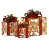 Glittering Christmas Gift Box Trio with Warm LED Lights - Champagne and Red Accents