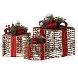 Glittering Christmas Gift Box Trio with Warm LED Lights - Champagne and Red Accents - Front View