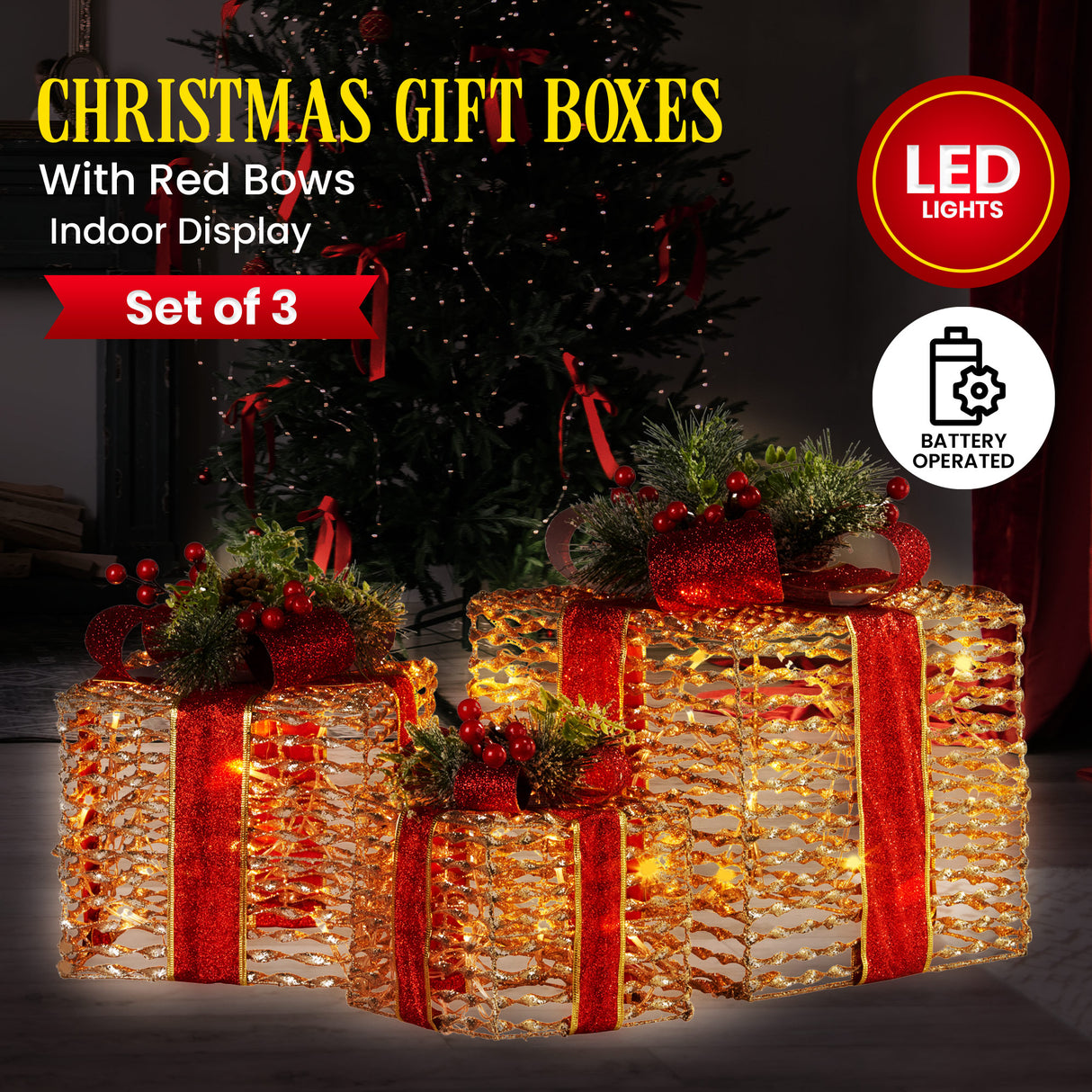 Glittering Christmas Gift Box Trio with Warm LED Lights - Champagne and Red Accents